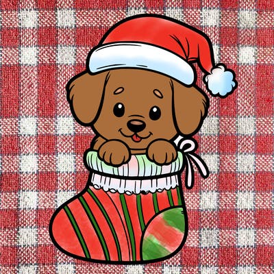 cute puppy wearing santa hat in socking