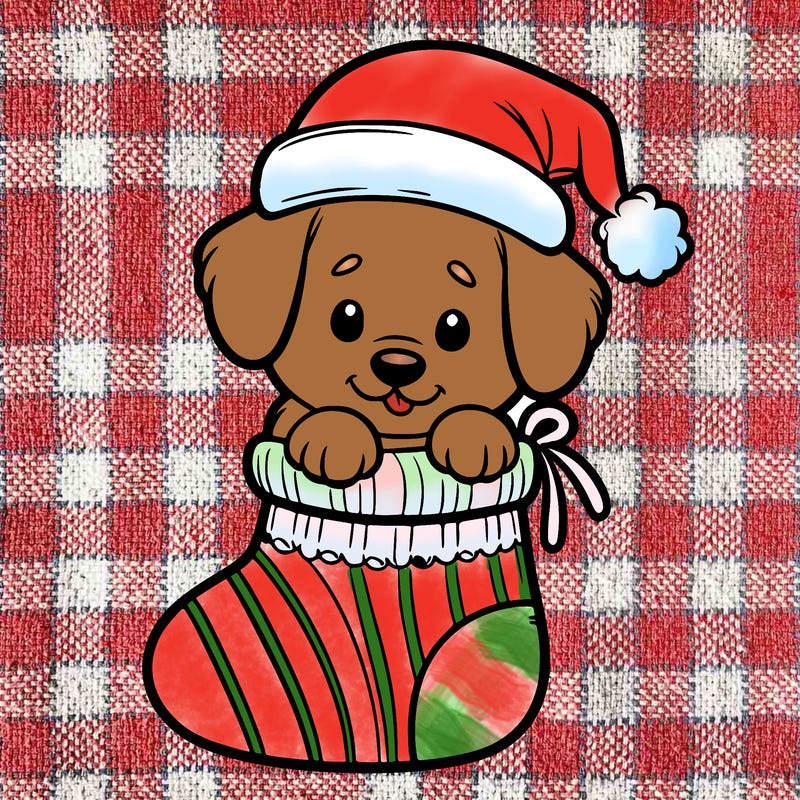 cute puppy wearing santa hat in socking