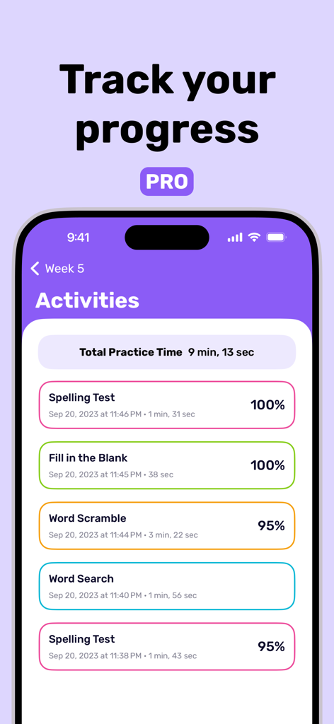 Spell It: Spelling Bee Games - Ein Bildschirm in der Spell It App, der die Fortschrittsverfolgung für Aktivitäten wie Rechtschreibtests und Wort-Rallyes mit Abschlussquoten zeigt