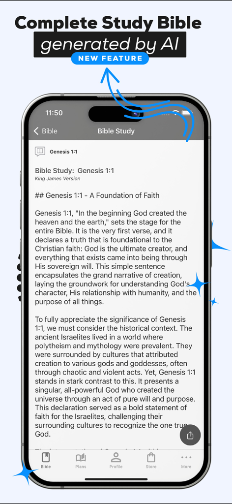 Bible Offline JFA - Un écran de smartphone montrant une étude biblique générée par l'IA pour Genèse 1 1 dans l'application Bible Offline