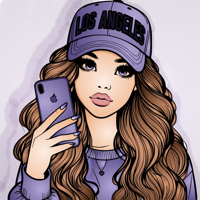 realistic beautiful girl wearing los ángeles cap holding an iphone