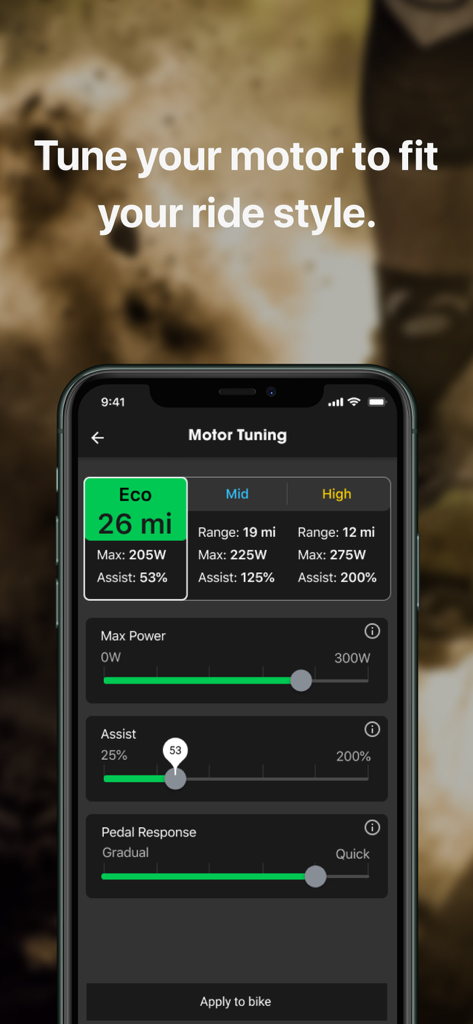 Trek Central - Trek Central app interface showing motor tuning sliders for max power assist and pedal response