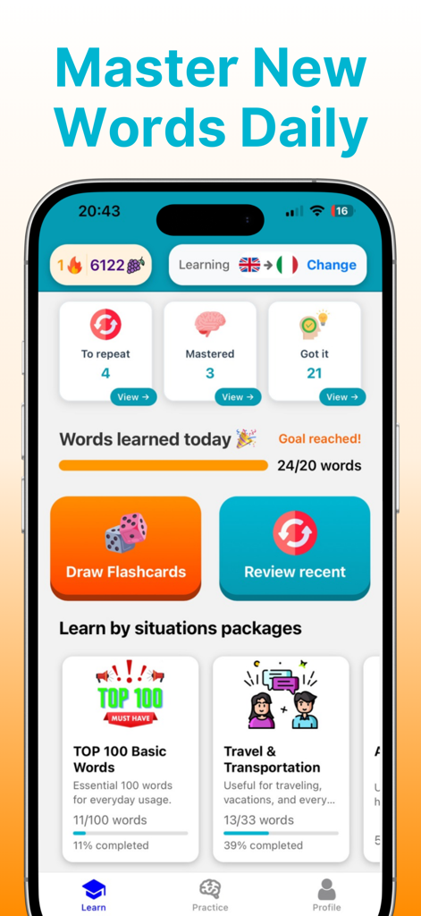 Rico Learn Words & Languages - Rico 앱 대시보드로 이탈리아어 어휘 마스터 진행 상황과 일일 학습 목표를 보여줍니다.