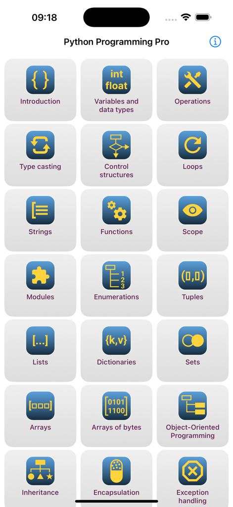 Python Programming Pro - Menu principal do aplicativo Python Programming Pro exibindo uma grade de tópicos de codificação, do básico à POO avançada