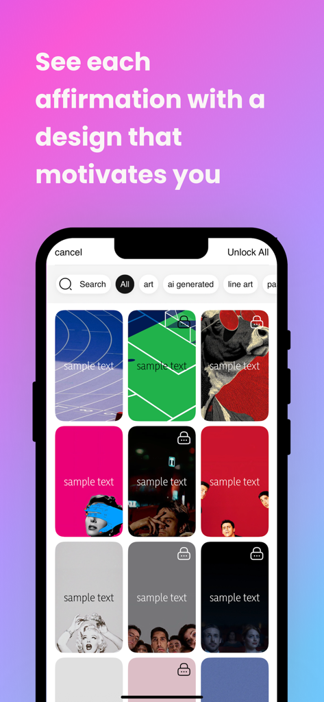 Felt – AI Journal Buddy - Uma galeria de diversos designs artísticos para afirmações diárias no aplicativo Felt.