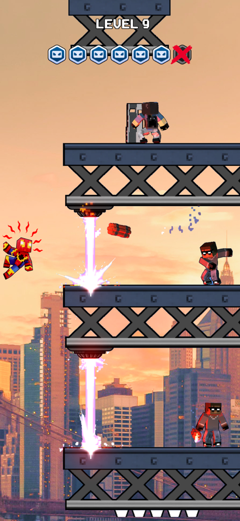 Mr Spider Hero Shooting Puzzle - Gameplay di un eroe ragno in pixel art che presenta un puzzle platform multilivello con nemici in uno sfondo cittadino al tramonto.