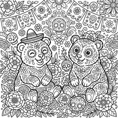 Discover a heartwarming fusion of playful bear cubs and the rich traditions of the Day of the Dead. This unique coloring page features charming calavera-style bears surrounded by intricate patterns and blooming marigolds.