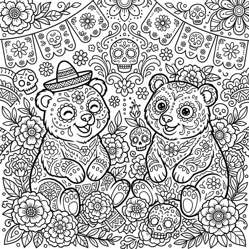 Discover a heartwarming fusion of playful bear cubs and the rich traditions of the Day of the Dead. This unique coloring page features charming calavera-style bears surrounded by intricate patterns and blooming marigolds.