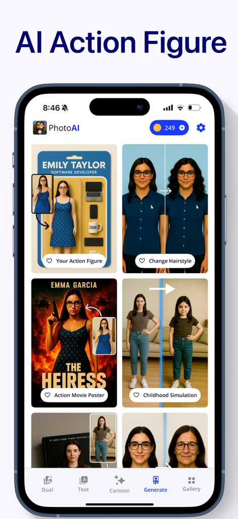 Cartoon Photo Editor: Photo AI - Interface of the Cartoon Photo Editor app showing AI action figure and movie poster transformations