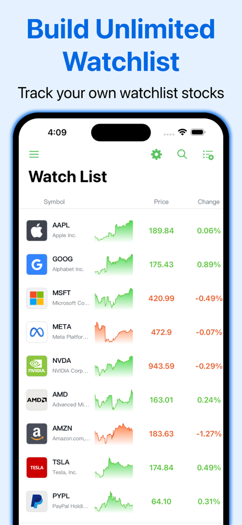 Stock Scanner Screener AI - Interfaz de la aplicación Stock Scanner para construir y rastrear una lista de seguimiento ilimitada de acciones