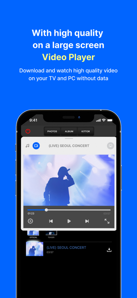 KiTplayer app interface showing a high quality video player with a live concert performance