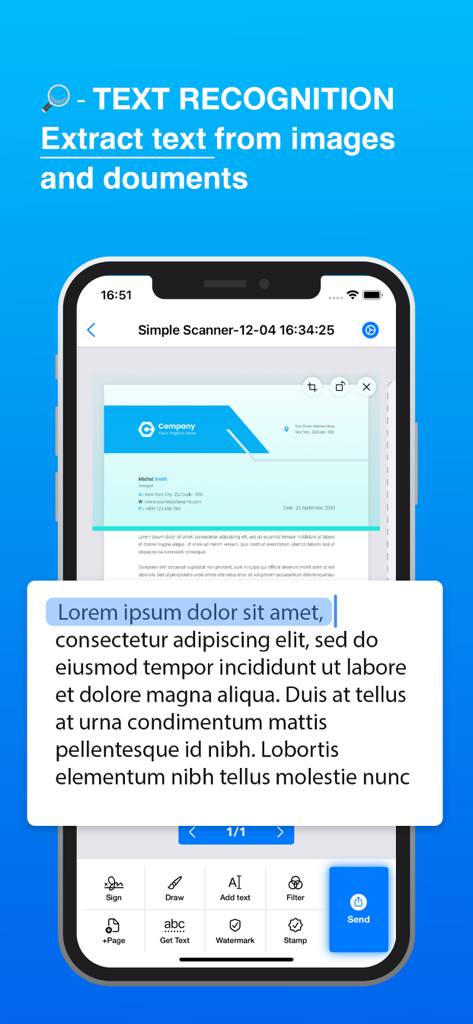 Simple Scanner: Fast Converter - Smartphone displaying the Simple Scanner app extracting text from a document using OCR technology