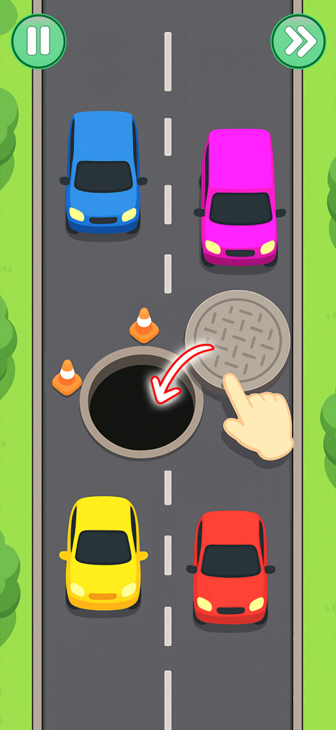 SatisPuzzle: Perfect Tidy Ocd - A hand dragging a manhole cover to close a hole on a road with colorful cars in the SatisPuzzle game