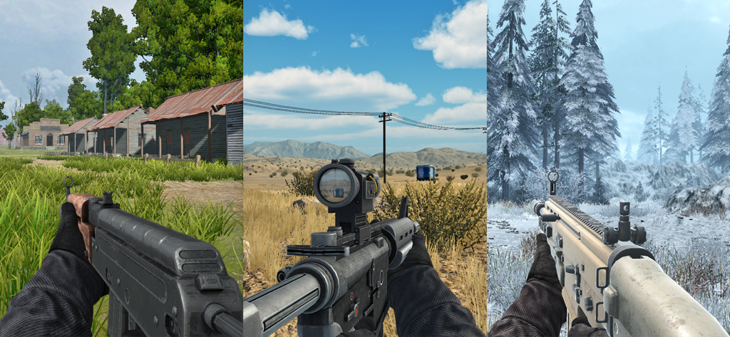 First person shooter gameplay featuring various weapons in village desert and snow environments