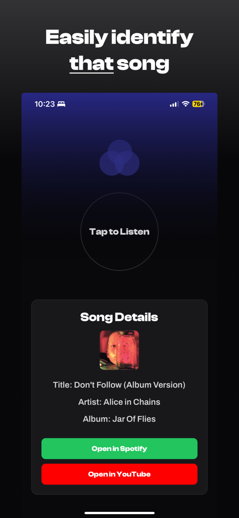 Crossfade - Interface do aplicativo Crossfade mostrando resultados de identificação de música com links para Spotify e YouTube