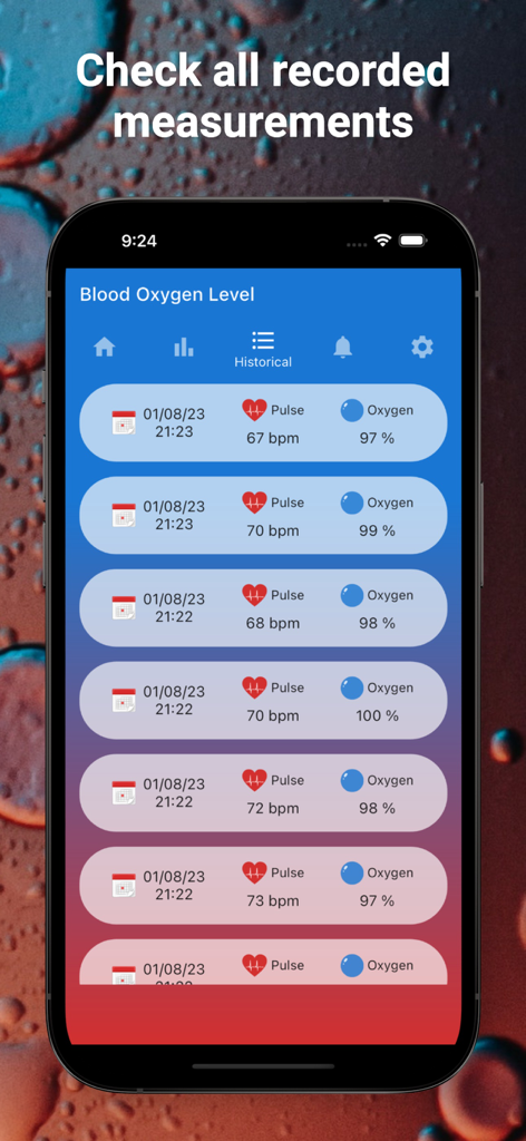 Historical log of pulse and blood oxygen level measurements displayed in a mobile app
