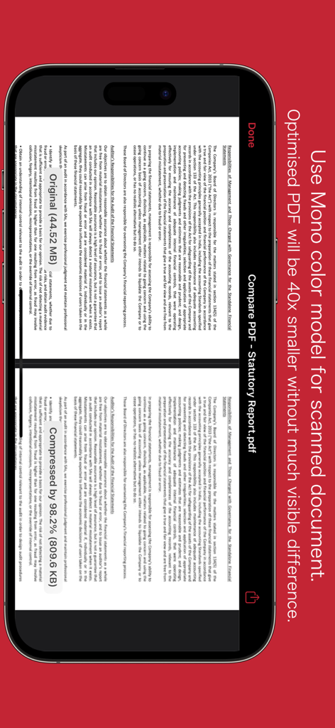 モノカラーモデルを使用して圧縮する前と後のPDFドキュメントのサイドバイサイド比較