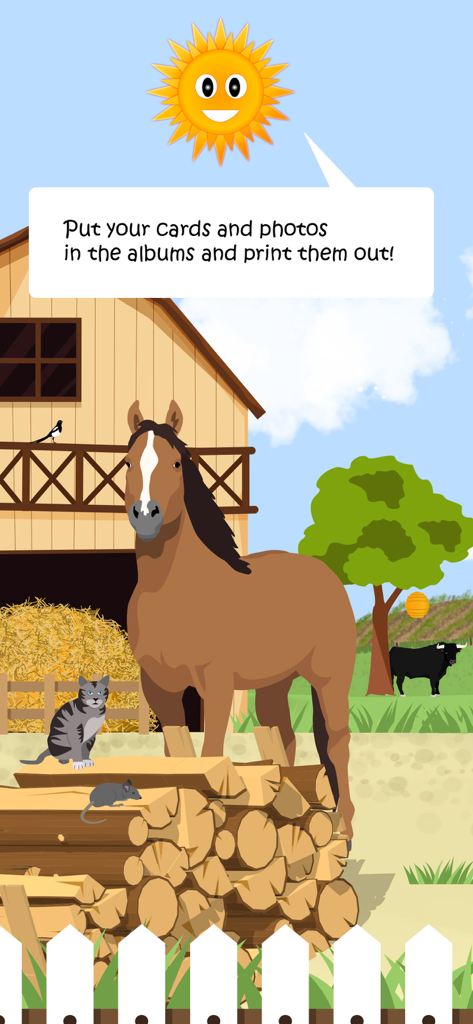 Cena de fazenda em desenho animado no aplicativo Mundo Animal mostrando um cavalo e um gato com instruções para imprimir cartões de animais.