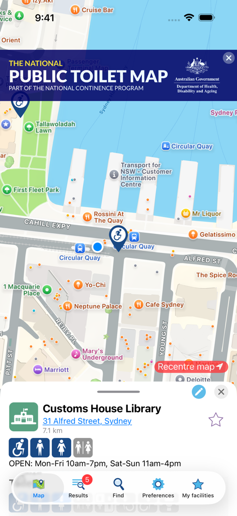 The National Public Toilet Map app interface showing restroom locations and accessibility details in Sydney Australia