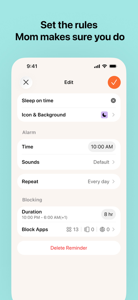 Mom Clock app interface showing settings for a sleep on time reminder with alarm and app blocking features