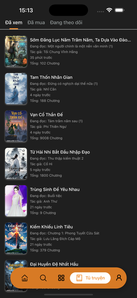 Webnovel.vn – Truyện & Sách - Pantalla de la aplicación Webnovel.vn que muestra una lista de novelas vistas y el estado de lectura en modo oscuro.