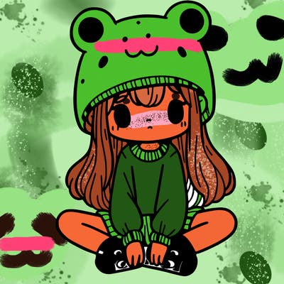 a girl wearing a frog hat and some frog socks