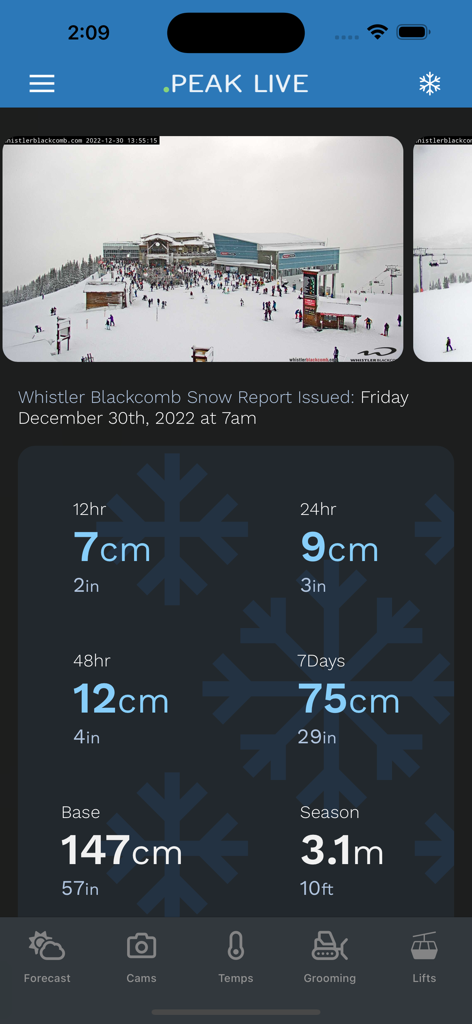 Whistler Peak Live - Whistler Peak Live app interface showing live mountain webcams and snow accumulation statistics.