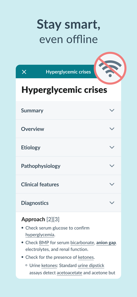 AMBOSS Medical Knowledge - AMBOSS app screen showing offline medical knowledge for hyperglycemic crises