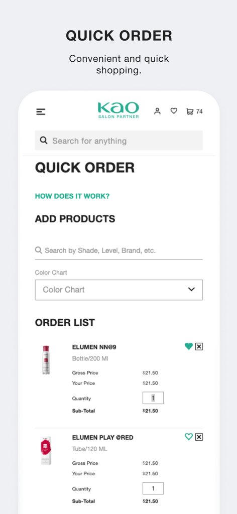 Kao Salon Alliance online shop - Interface do aplicativo Kao Salon Alliance mostrando a lista de pedidos rápidos para produtos de cabelo profissionais.