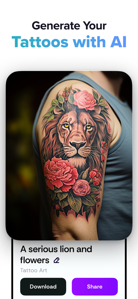 Fancy AI: AI Logo&Avatar Maker - Fancy AI app interface showing an AI generated lion and flower tattoo design on a person arm