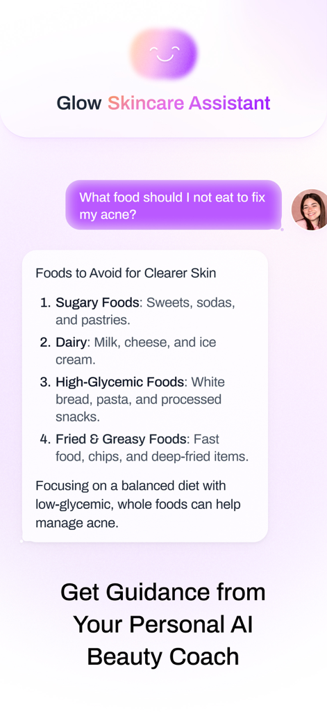 Glow - AI Beauty Coach - Interface of the Glow app showing an AI beauty coach providing dietary recommendations for clearer skin