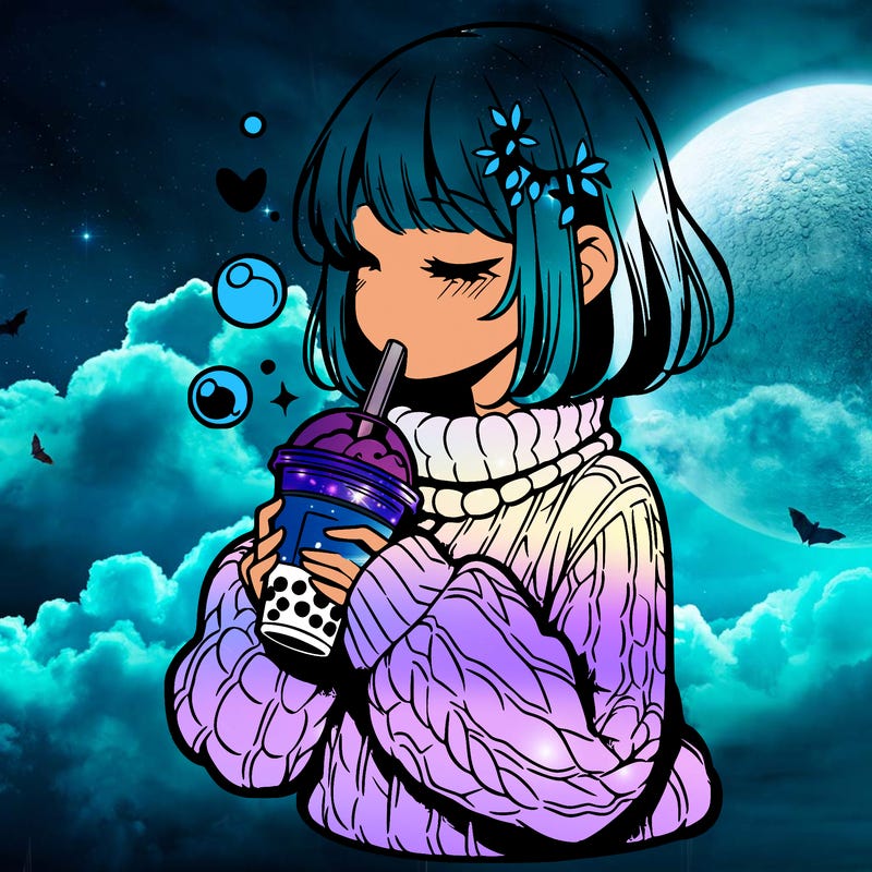 manga girl drinking boba in cozy sweater