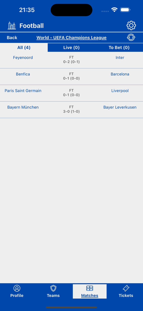 Football Stats Lite - Football Stats Lite app screen showing UEFA Champions League soccer scores.