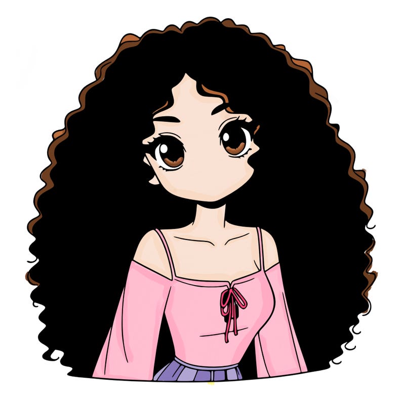 a black anime girl with long afro hair