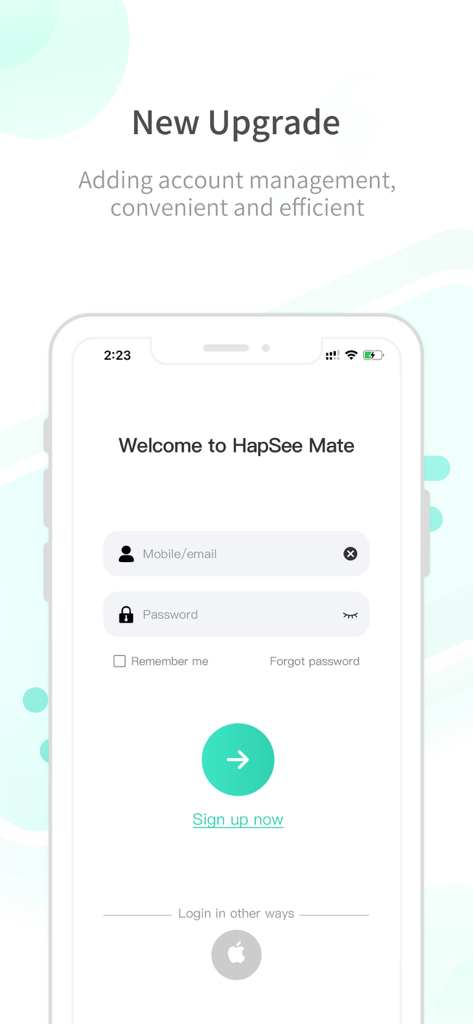 HapSeeMate plus mobile app login screen with fields for email and password
