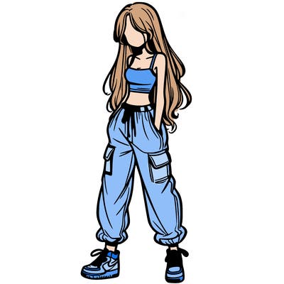 girl in baggy pants crop top and long hair