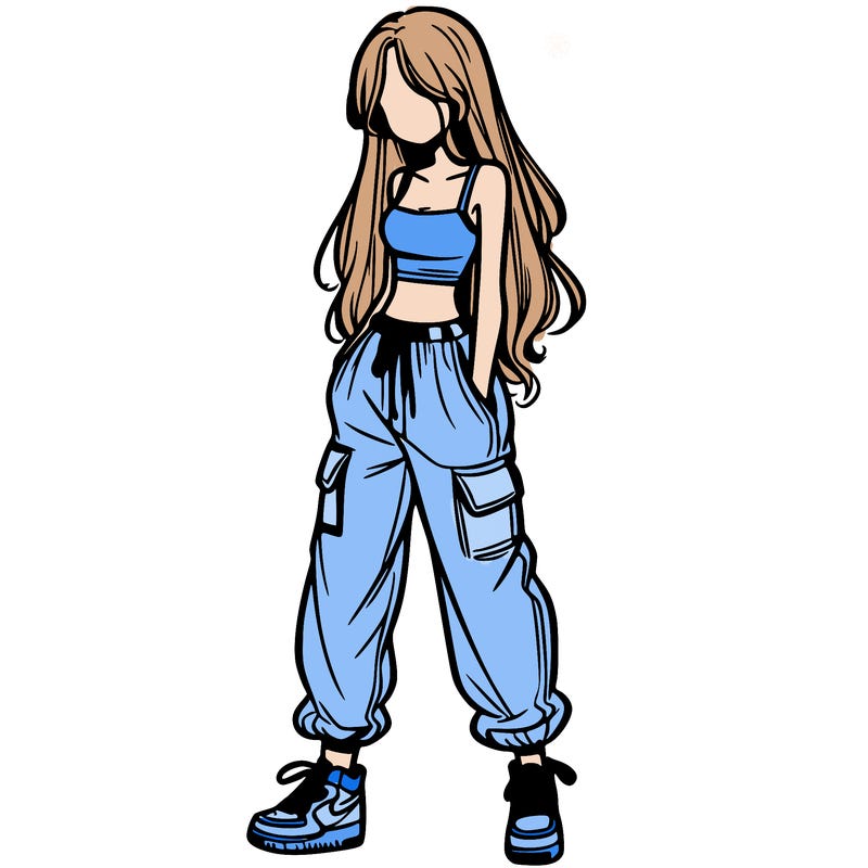 girl in baggy pants crop top and long hair