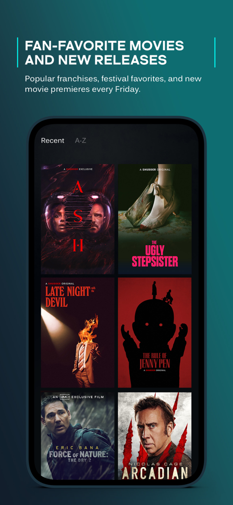 Écran de l'application AMC+ montrant une collection de films préférés des fans et de nouvelles sorties sur un smartphone.