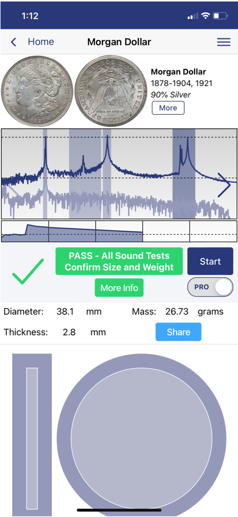 Pantalla de verificación de la app StackerTools mostrando una prueba de sonido aprobada para una moneda de plata Morgan Dollar