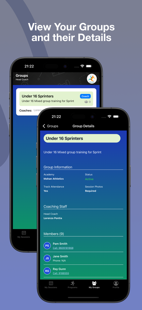 Academy Pro - Academy Pro mobile app interface showing sports group information coaching staff and member list