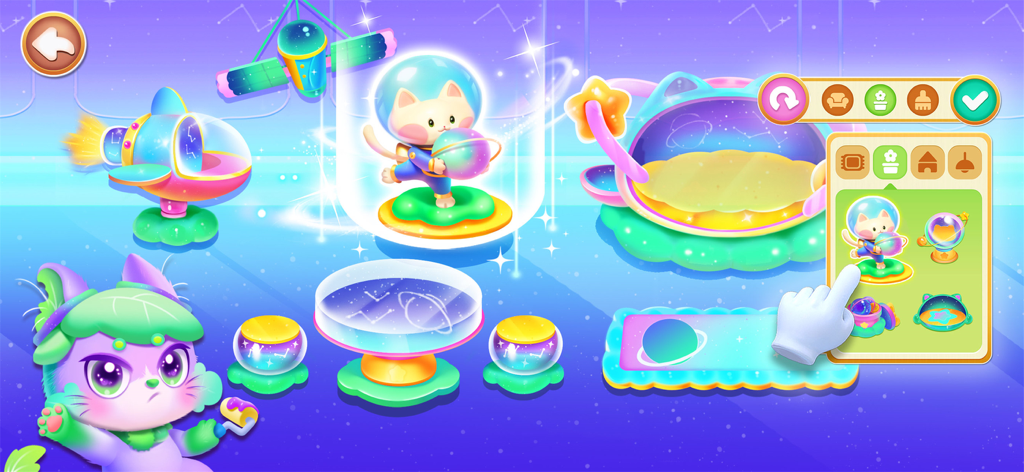 Little Panda's Kitty World - A child customizing a space themed room with an astronaut cat and celestial furniture in Little Panda's Kitty World