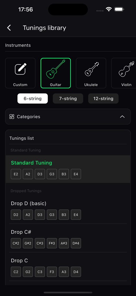 XTuner PRO - XTuner PRO app interface showing the tuning library with various guitar presets like Standard and Drop D