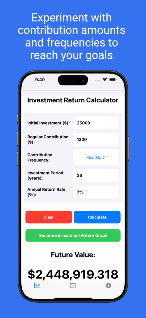 「リタイア計画」アプリの投資収益計算インターフェースで、200万ドル以上の将来価値が予測されている。