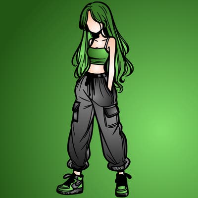 girl in baggy pants crop top and long hair