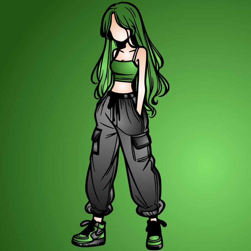 girl in baggy pants crop top and long hair