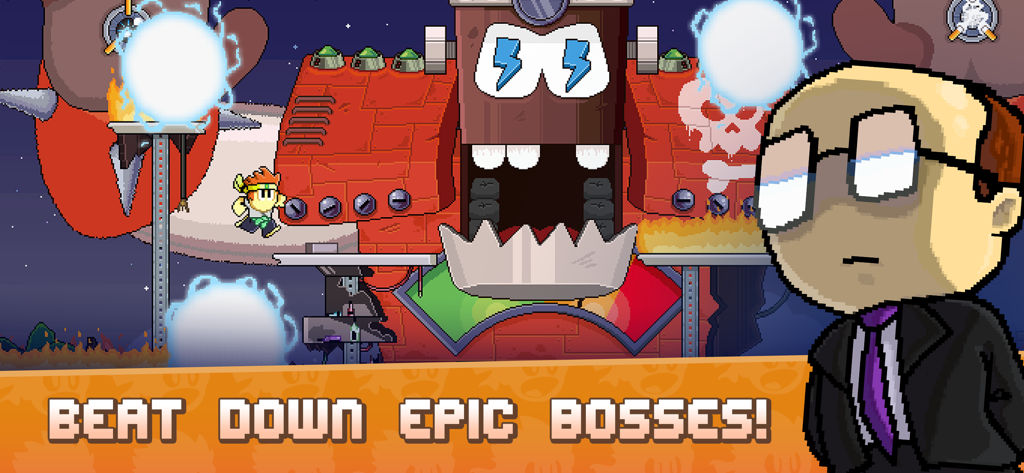Dan The Man Platformer - Dan the Man fighting a giant mechanical boss in a retro pixel art platformer game