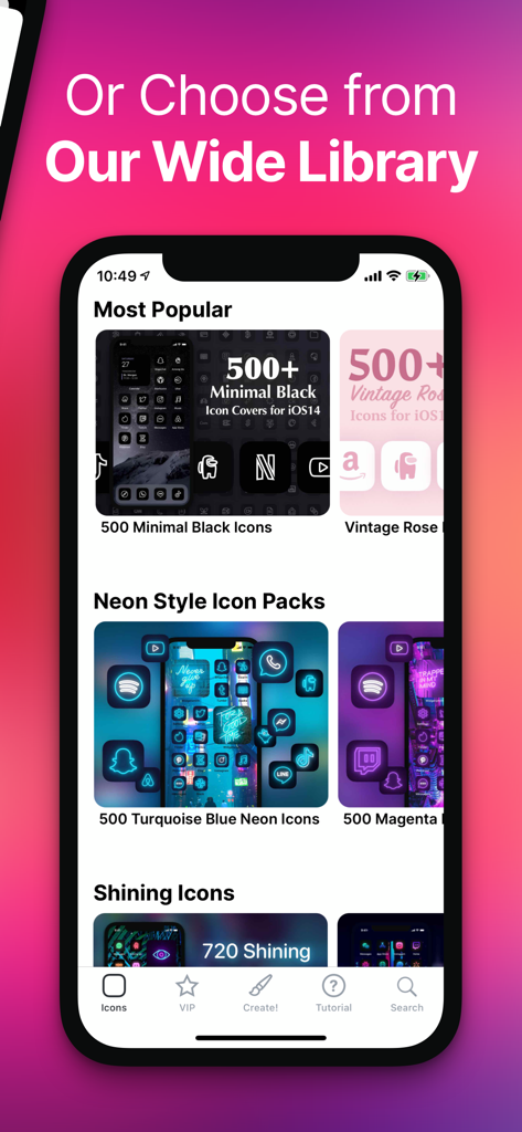 App Icons Customizer - Themes - Biblioteca de temas estéticos de iconos de aplicaciones que incluyen estilos neón y minimalistas para la personalización de iPhone.