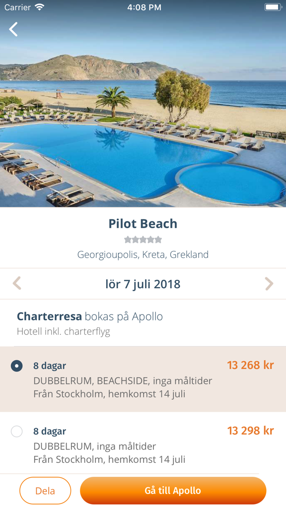 L'app Reseguiden visualizza un pacchetto di viaggio charter per un resort in Grecia