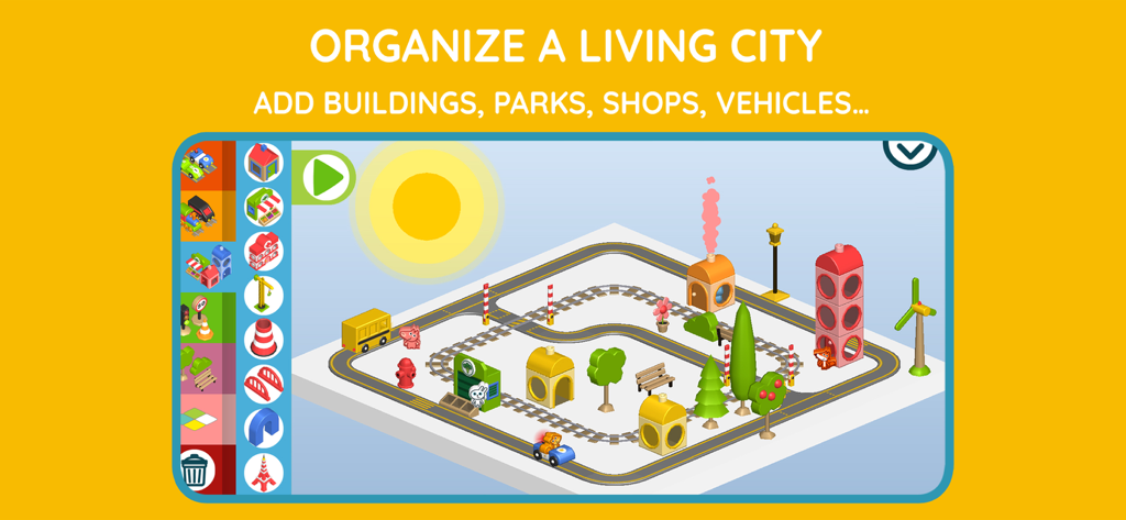 Pango Build and Explore City gameplay screen showing city organization with buildings and tracks
