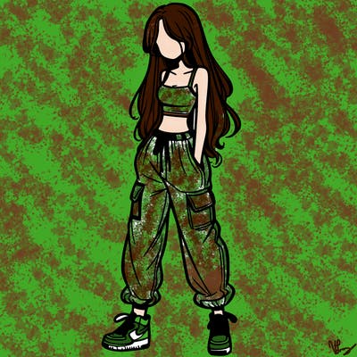 girl in baggy pants crop top and long hair